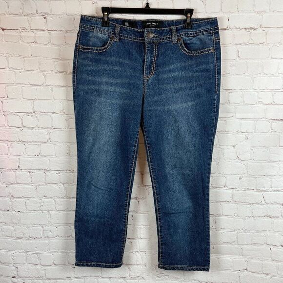 NINE WEST blue denim shortened embroidered crystal buttons jeans pants 14/32 - Picture 1 of 8